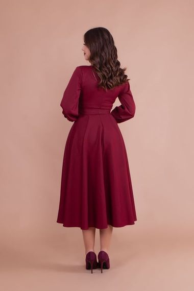 Women's Midi Length Round Neck Belted Dress - CLARET red - photo 5