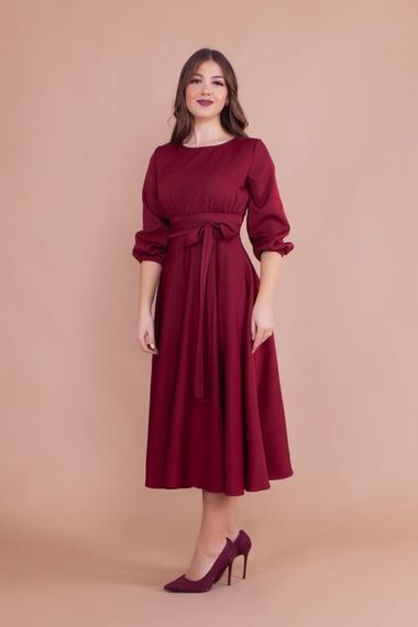 Women's Midi Length Round Neck Belted Dress - CLARET red - photo 4