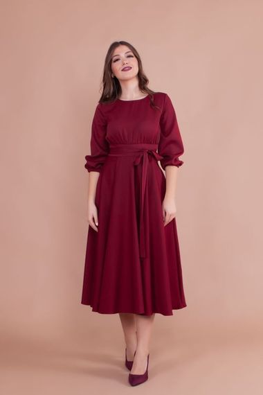 Women's Midi Length Round Neck Belted Dress - CLARET red - photo 3