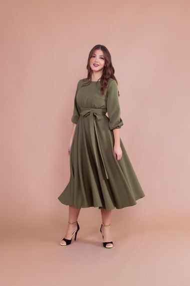 Women's Midi Length Round Neck Belted Dress-KHAKI - photo 4