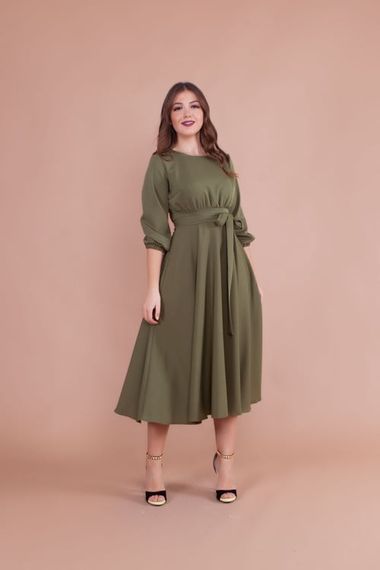 Women's Midi Length Round Neck Belted Dress-KHAKI - photo 2