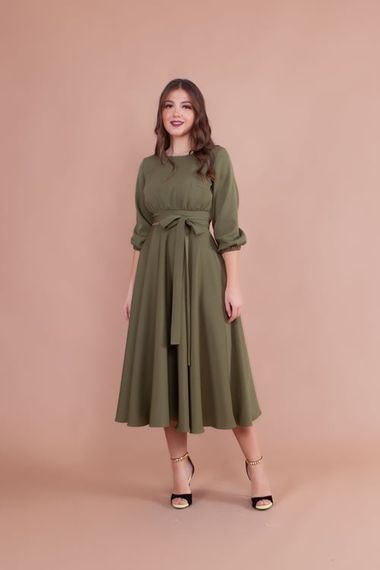 Women's Midi Length Round Neck Belted Dress-KHAKI - photo 1