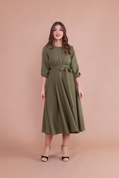 Women's Midi Length Round Neck Belted Dress-KHAKI - photo 3