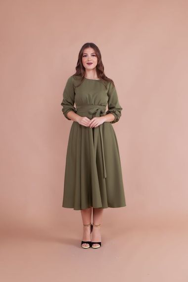 Women's Midi Length Round Neck Belted Dress-KHAKI - photo 5