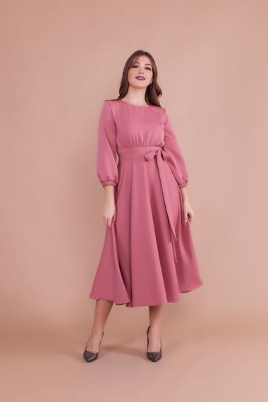 Women's Midi Length Round Neck Belted Dress - DRIED ROSE - photo 1