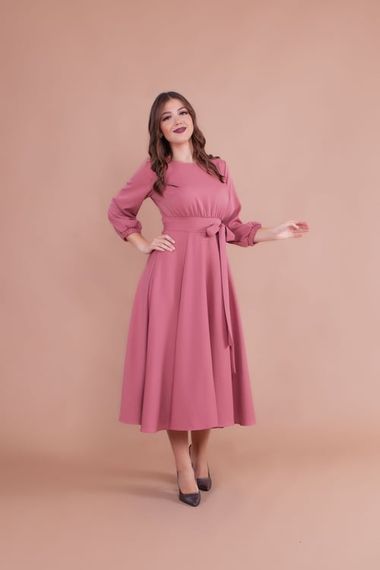 Women's Midi Length Round Neck Belted Dress - DRIED ROSE - photo 2