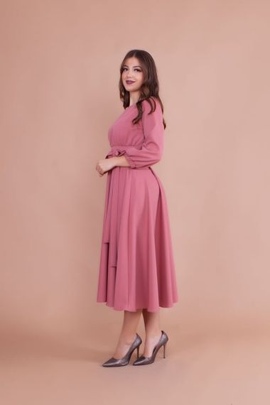 Women's Midi Length Round Neck Belted Dress - DRIED ROSE - photo 3