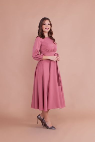 Women's Midi Length Round Neck Belted Dress - DRIED ROSE - photo 4