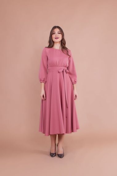 Women's Midi Length Round Neck Belted Dress - DRIED ROSE - photo 5