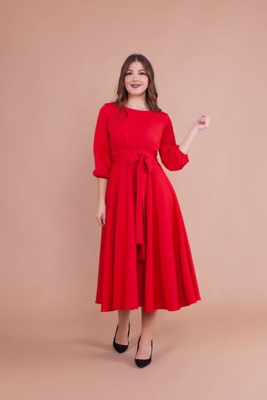 Women's Midi Length Round Neck Belted Dress-RED - photo 1