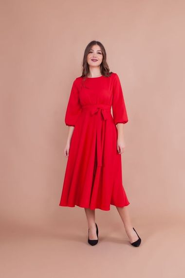 Women's Midi Length Round Neck Belted Dress-RED - photo 2