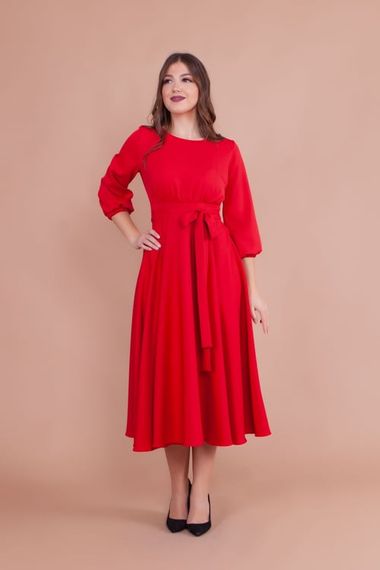 Women's Midi Length Round Neck Belted Dress-RED - photo 4