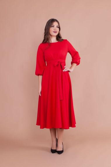 Women's Midi Length Round Neck Belted Dress-RED - photo 3