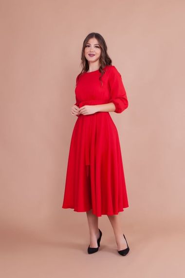 Women's Midi Length Round Neck Belted Dress-RED - photo 5