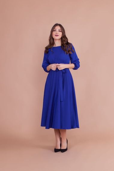 Women's Midi Length Round Neck Belted Dress-SAX BLUE - photo 1