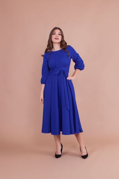 Women's Midi Length Round Neck Belted Dress-SAX BLUE - photo 4