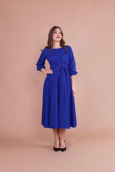 Women's Midi Length Round Neck Belted Dress-SAX BLUE - photo 3