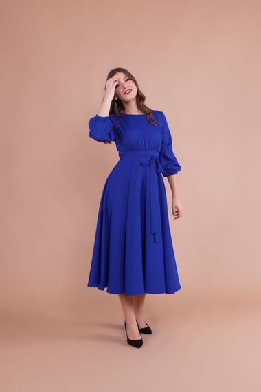 Women's Midi Length Round Neck Belted Dress-SAX BLUE - photo 2