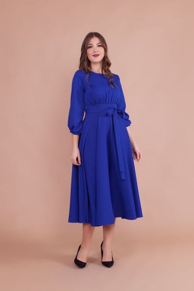 Women's Midi Length Round Neck Belted Dress-SAX BLUE - photo 5