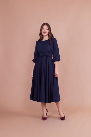 Women's Midi Length Round Neck Belted Dress-DARK BLUE - photo 3