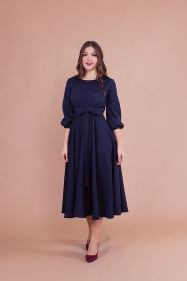 Women's Midi Length Round Neck Belted Dress-DARK BLUE - photo 1