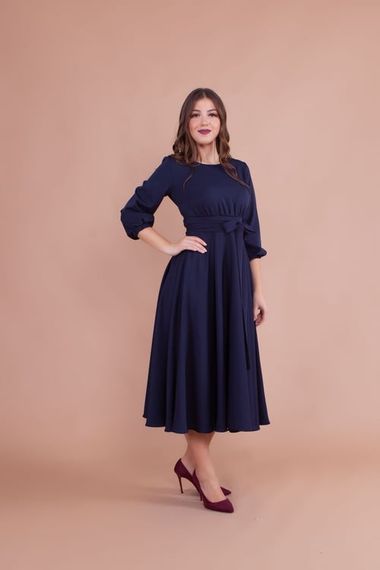 Women's Midi Length Round Neck Belted Dress-DARK BLUE - photo 2