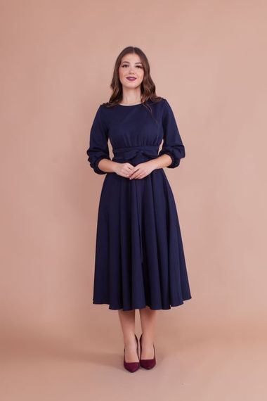 Women's Midi Length Round Neck Belted Dress-DARK BLUE - photo 4