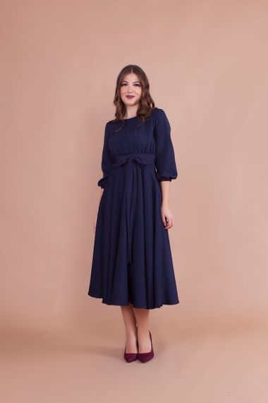 Women's Midi Length Round Neck Belted Dress-DARK BLUE - photo 5