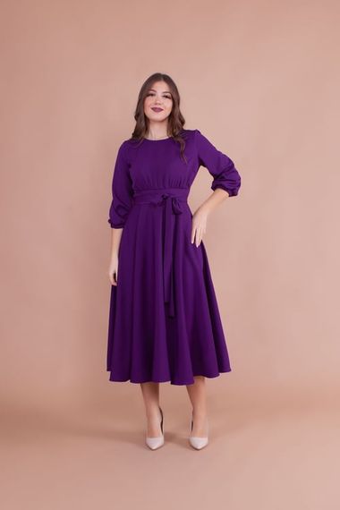 Women's Midi Length Round Neck Belted Dress-DAMSON - photo 2