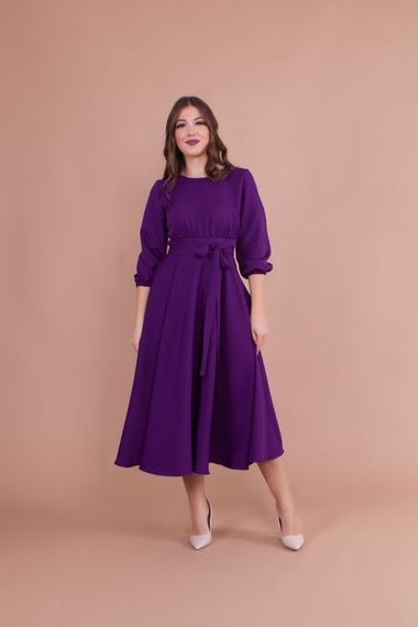 Women's Midi Length Round Neck Belted Dress-DAMSON - photo 1