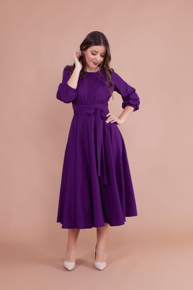 Women's Midi Length Round Neck Belted Dress-DAMSON - photo 3