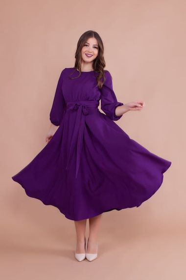 Women's Midi Length Round Neck Belted Dress-DAMSON - photo 5