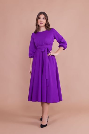 Women's Midi Length Round Neck Belted Dress-PURPLE - photo 1