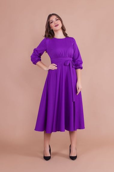 Women's Midi Length Round Neck Belted Dress-PURPLE - photo 2