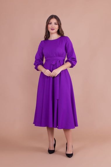 Women's Midi Length Round Neck Belted Dress-PURPLE - photo 3