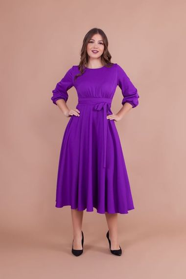 Women's Midi Length Round Neck Belted Dress-PURPLE - photo 4