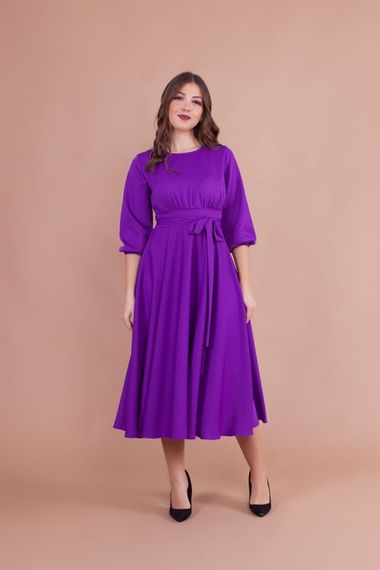 Women's Midi Length Round Neck Belted Dress-PURPLE - photo 5