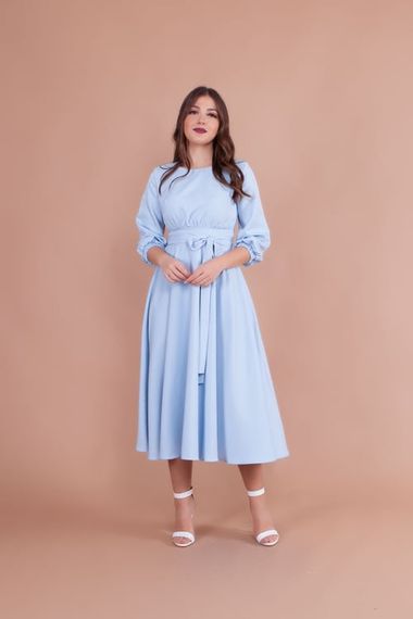 Women's Midi Length Round Neck Belted Dress-BABY BLUE - photo 2