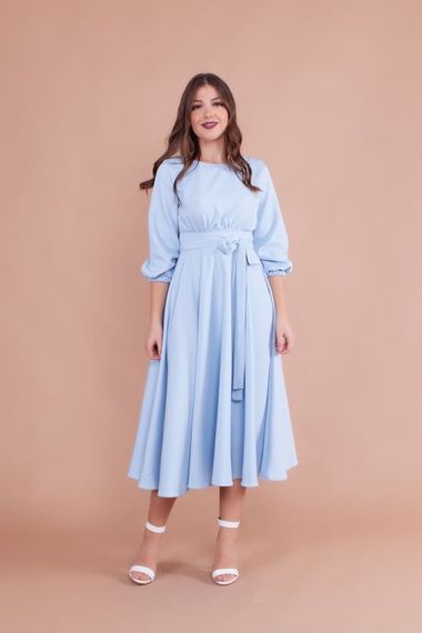 Women's Midi Length Round Neck Belted Dress-BABY BLUE - photo 1