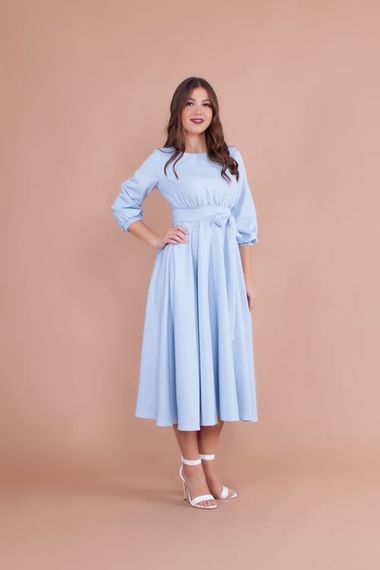 Women's Midi Length Round Neck Belted Dress-BABY BLUE - photo 5