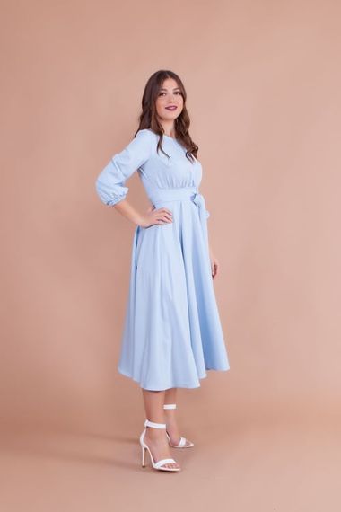 Women's Midi Length Round Neck Belted Dress-BABY BLUE - photo 4