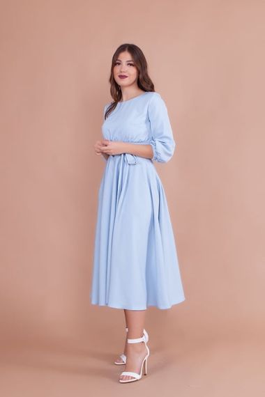 Women's Midi Length Round Neck Belted Dress-BABY BLUE - photo 3