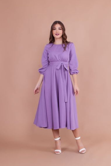 Women's Midi Length Round Neck Belted Dress-MAVICE - photo 1