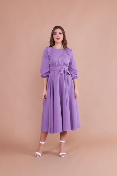 Women's Midi Length Round Neck Belted Dress-MAVICE - photo 2