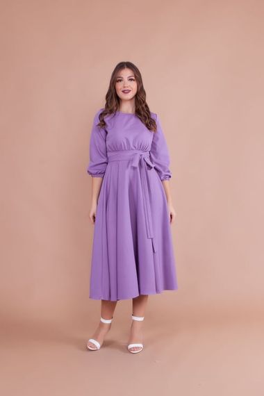 Women's Midi Length Round Neck Belted Dress-MAVICE - photo 4