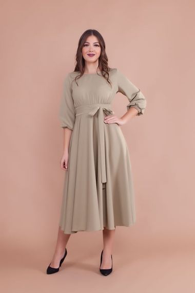 Women's Midi Length Round Neck Belted Dress-OIL GREEN - photo 1