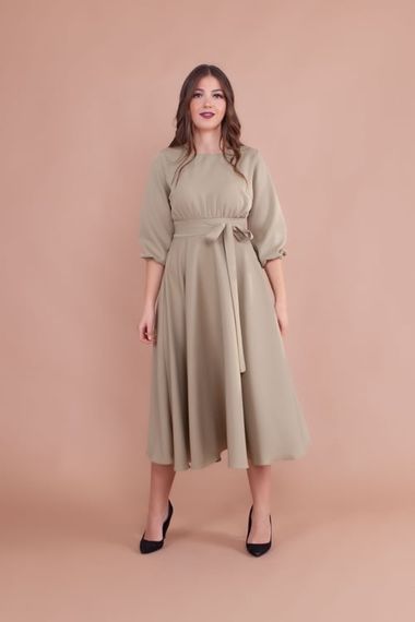 Women's Midi Length Round Neck Belted Dress-OIL GREEN - photo 2