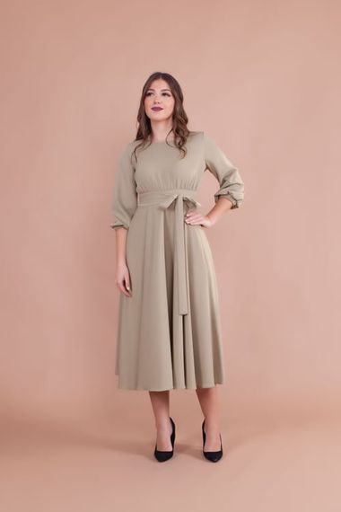 Women's Midi Length Round Neck Belted Dress-OIL GREEN - photo 3