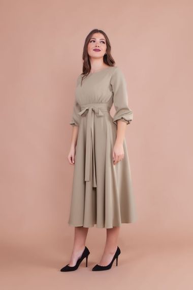 Women's Midi Length Round Neck Belted Dress-OIL GREEN - photo 4