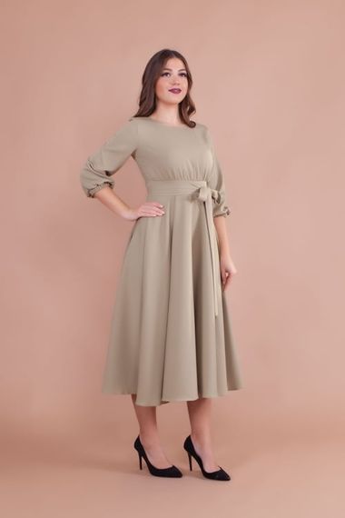 Women's Midi Length Round Neck Belted Dress-OIL GREEN - photo 5